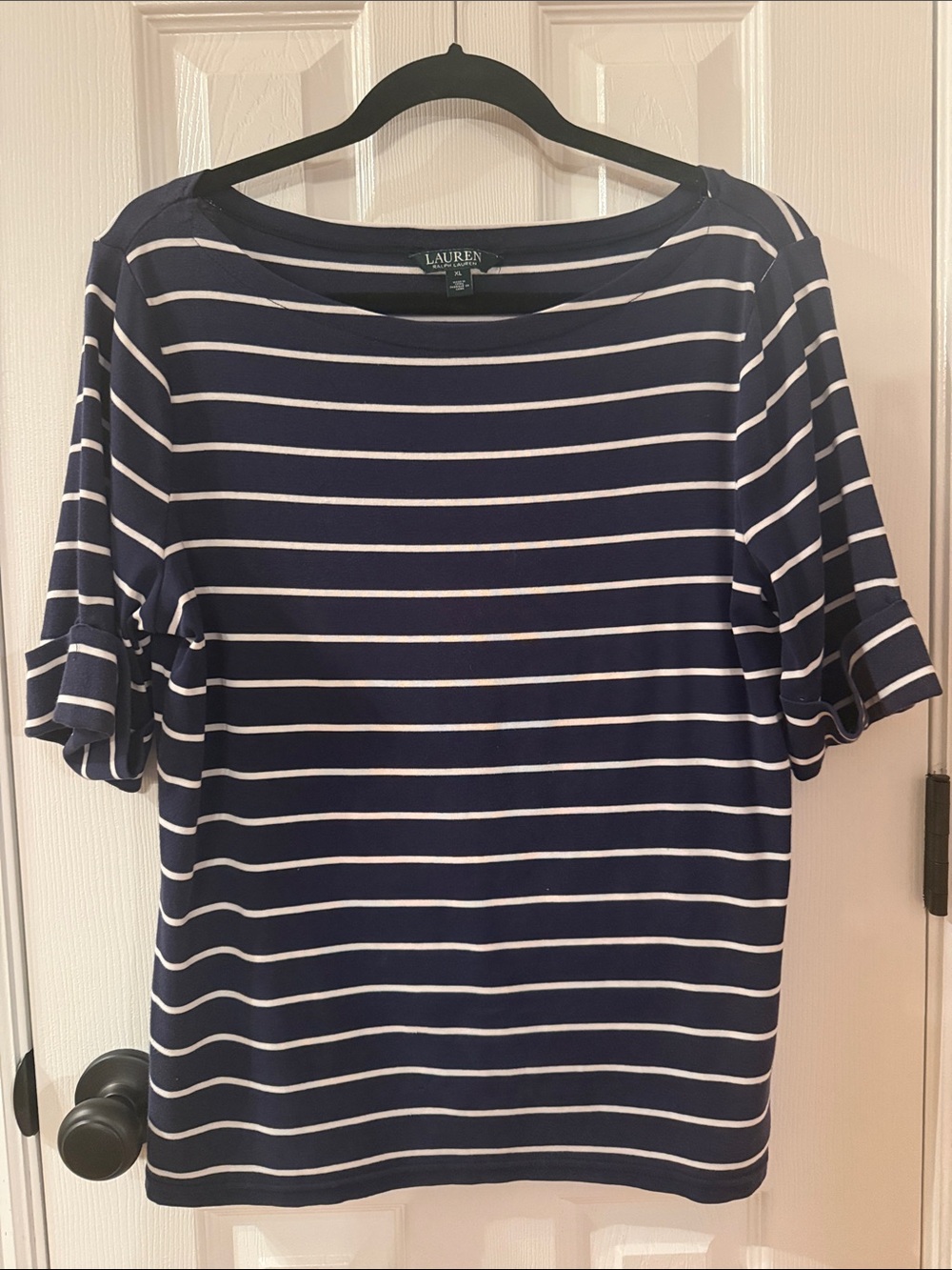 Lauren Ralph Lauren Navy & White Striped Boatneck Short Sleeve Top